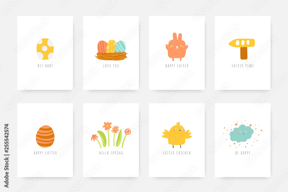 Cute doodle easter cards, postcards, tags, posters with rabbit, eggs, flowers, chicken, cloud, wooden arrow