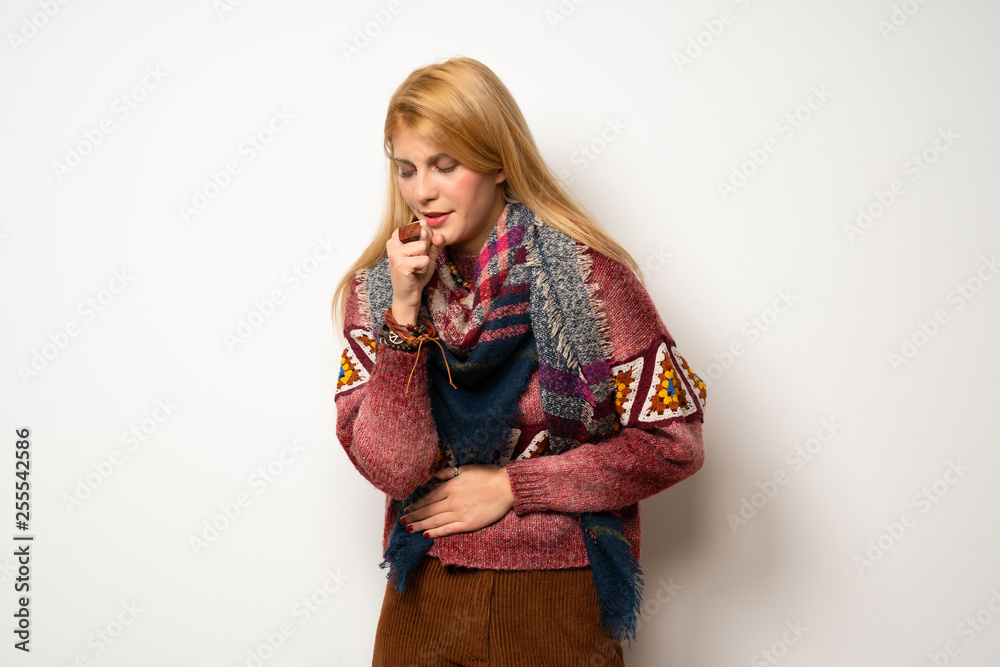 Hippie woman over white wall is suffering with cough and feeling bad Hippie woman over white wall is suffering with cough and feeling bad