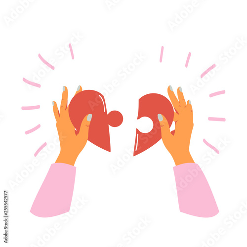Female Hands holds and folds pieces of heart puzzle. Vector cartoon illustration isolated from white background