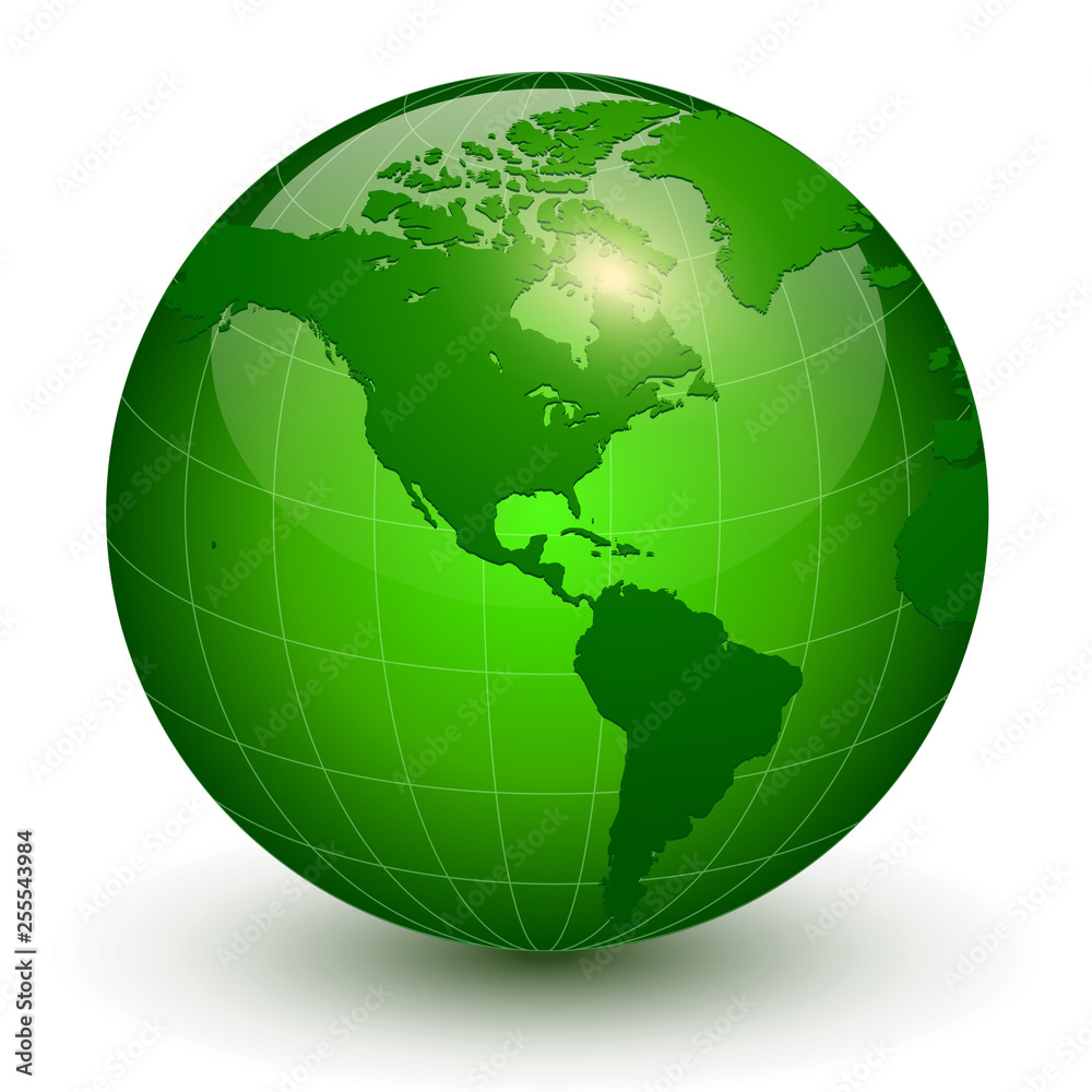 Earth globe 3D icon, glossy green planet