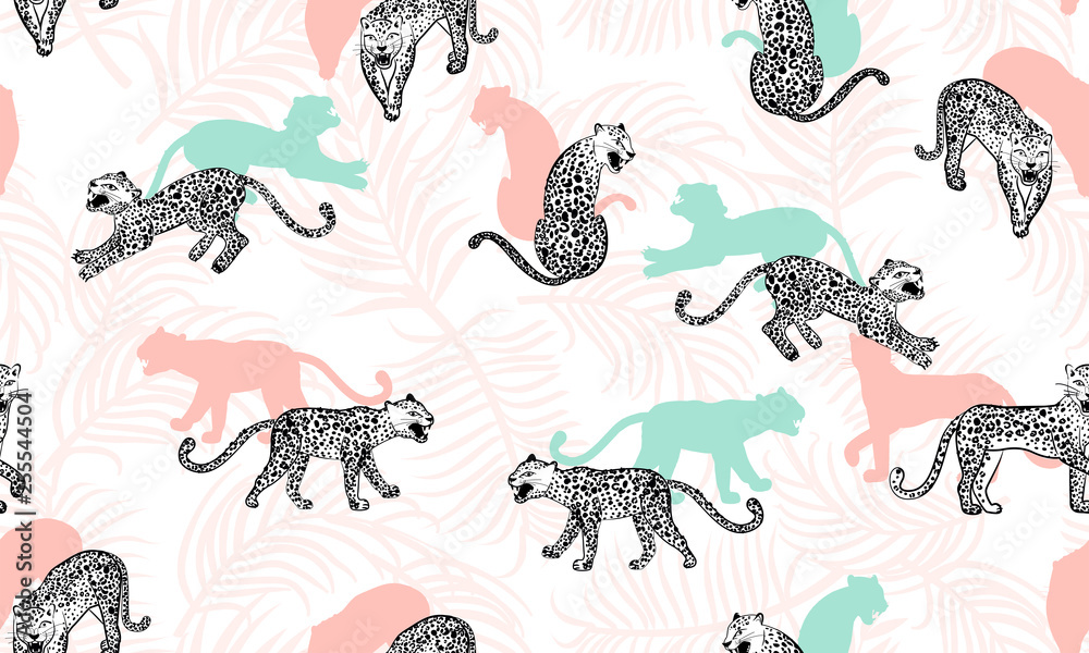 Leopard seamless pattern. Composition with leopards in different poses and tropical leaves. Vector illustration for textile, postcard, fabric, wrapping paper, background, and packaging.