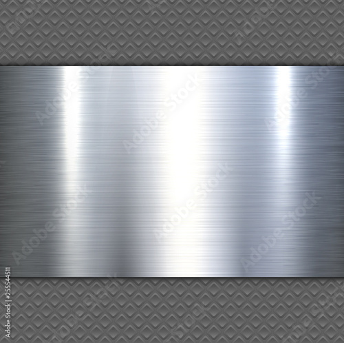 Background 3d metallic banner on seamless grey pattern