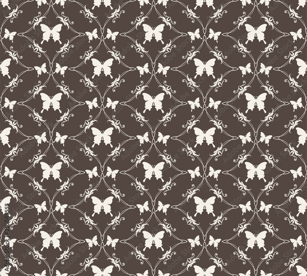 Dark decorative seamless pattern with butterflies for your design, vector graphics