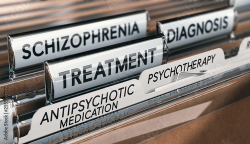 Mental health conditions, schizophrenia diagnosis and treatment with antipsychotic medication and psychotherapy. photo