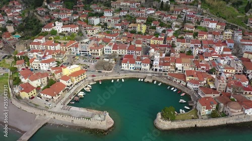 Aerial drone video of iconic Venetian port and castle of Nafpaktos famous from battle of Lepanto a historic event of great importance, Aitoloakarnania, Greece photo