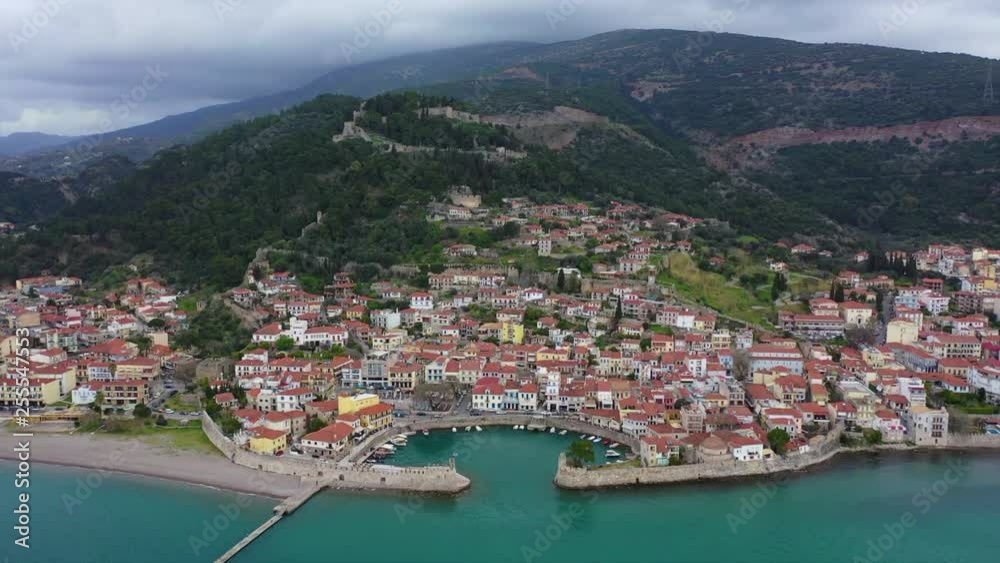 Aerial drone video of iconic Venetian port and castle of Nafpaktos famous from battle of Lepanto a historic event of great importance, Aitoloakarnania, Greece Aerial drone video of iconic Venetian port and castle of Nafpaktos famous from battle of Lepanto a historic event of great importance, Aitoloakarnania, Greece