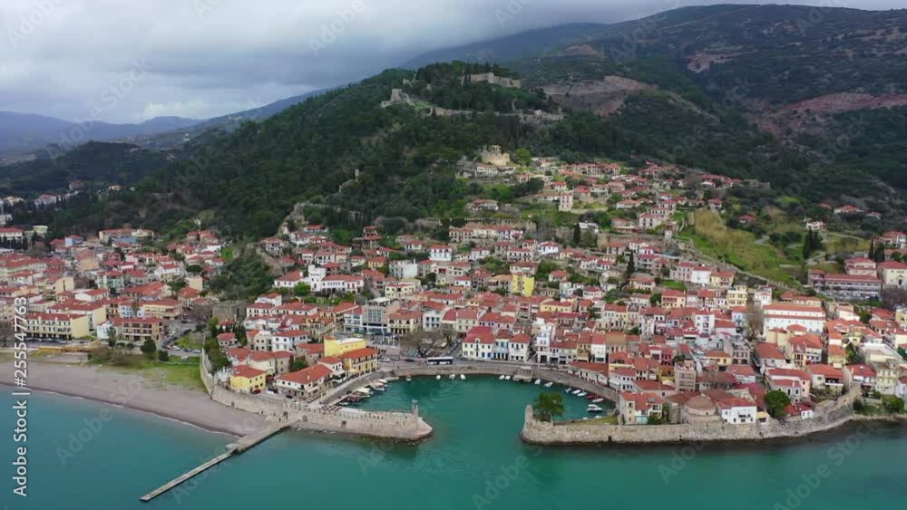 Aerial drone video of iconic Venetian port and castle of Nafpaktos famous from battle of Lepanto a historic event of great importance, Aitoloakarnania, Greece Aerial drone video of iconic Venetian port and castle of Nafpaktos famous from battle of Lepanto a historic event of great importance, Aitoloakarnania, Greece