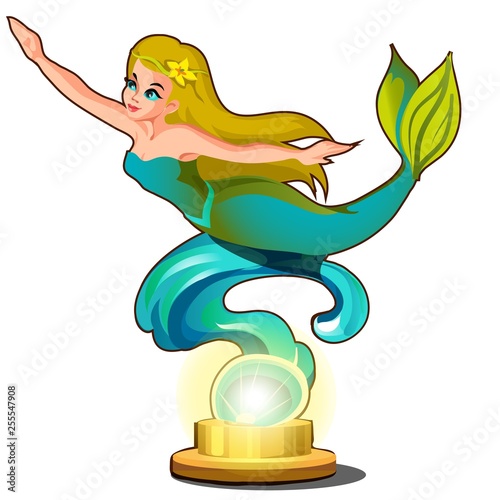 Statue of a young beautiful mermaid girl isolated on white background. Vector cartoon close-up illustration.