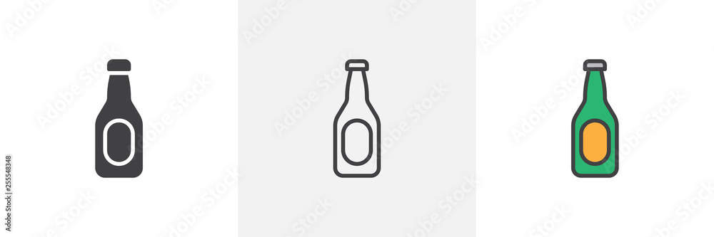 Beer bottle icon. Line, glyph and filled outline colorful version, lager beer bottle outline and filled vector sign. Bar symbol, logo illustration. Different style icons set. Vector graphics Beer bottle icon. Line, glyph and filled outline colorful version, lager beer bottle outline and filled vector sign. Bar symbol, logo illustration. Different style icons set. Vector graphics
