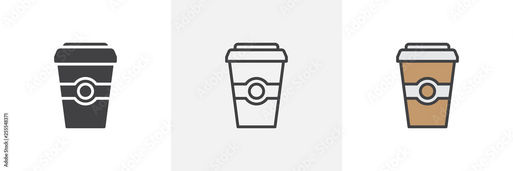 Take away coffee icon. Line, glyph and filled outline colorful version, coffee paper cup outline and filled vector sign. Breakfast symbol, logo illustration. Different style icons set. Vector graphics Take away coffee icon. Line, glyph and filled outline colorful version, coffee paper cup outline and filled vector sign. Breakfast symbol, logo illustration. Different style icons set. Vector graphics