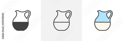 Milk glass jug icon. Line, glyph and filled outline colorful version, Milk jar outline and filled vector sign. Breakfast symbol, logo illustration. Different style icons set. Vector graphics