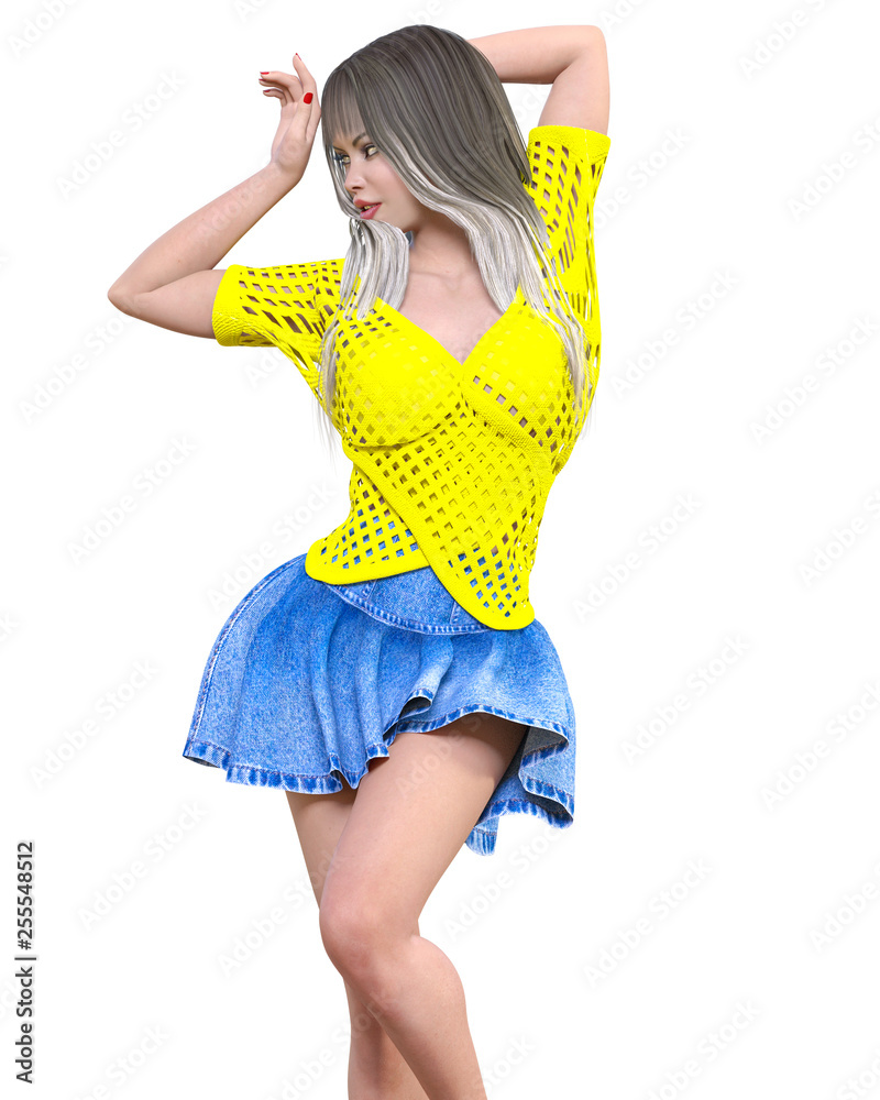Long haired brunette woman short summer blue denim skirt.Yellow light transparent mesh blouse.Beautiful girl standing sexually pose.3D rendering isolate illustration.Spring summer clothes collection S...