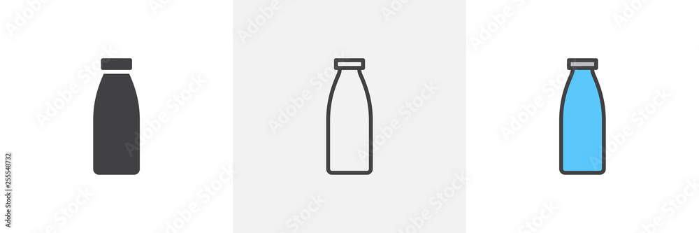 Milk bottle icon. Line, glyph and filled outline colorful version, bottle of milk outline and filled vector sign. Breakfast symbol, logo illustration. Different style icons set. Vector graphics