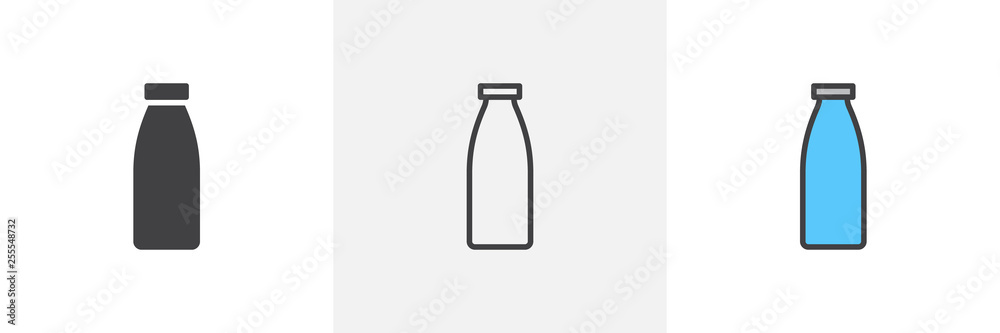 Milk bottle icon. Line, glyph and filled outline colorful version, bottle of milk outline and filled vector sign. Breakfast symbol, logo illustration. Different style icons set. Vector graphics Milk bottle icon. Line, glyph and filled outline colorful version, bottle of milk outline and filled vector sign. Breakfast symbol, logo illustration. Different style icons set. Vector graphics