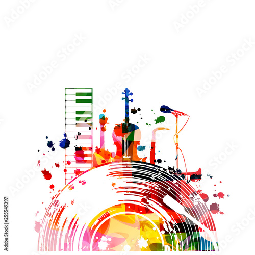 Music background with colorful vinyl record and music instruments isolated vector illustration design. Artistic music festival poster, live concert events, party flyer