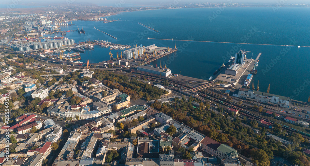 Obraz premium Aerial view panorama of Odessa with port and sea, Ukraine