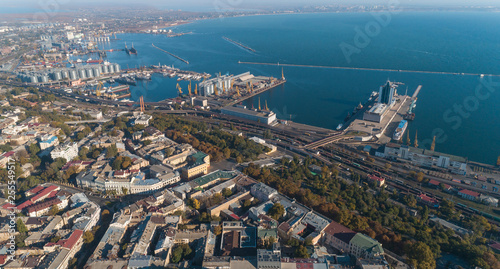 Aerial view panorama of Odessa with port and sea, Ukraine