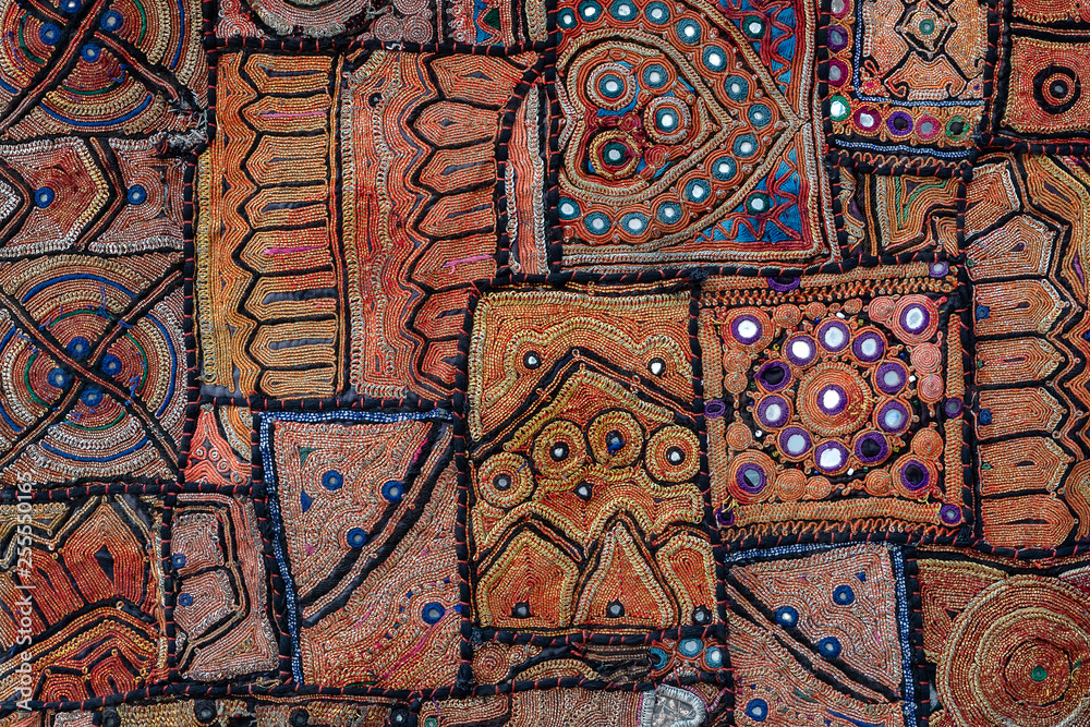 Detail old patchwork carpet, India. Close up