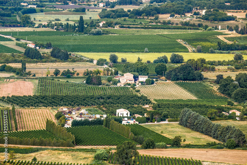 Agricultural panoramic rural landscape of countryside in Southern France   Provence. Fields of geometrical shapes  village houses  all green and yellow. Travel France.