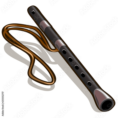 Black flute isolated on white background. Vector cartoon close-up illustration.