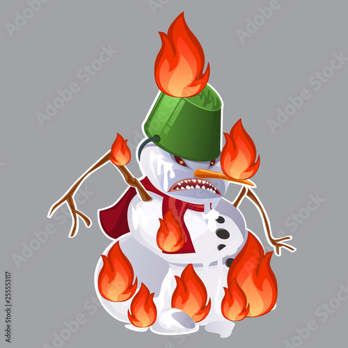 Angry aggressive toothy snowman is burning in the fire isolated on grey background. Vector cartoon close-up illustration.
