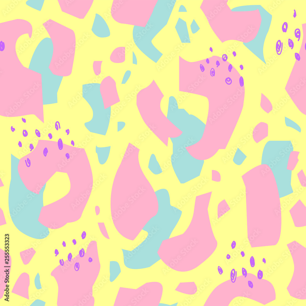 Vector seamless pattern with brush strokes in memphis style. Trendy print abstract forms. Paper cutouts with hand drawn dots, squiggle. Retro vector illustration.