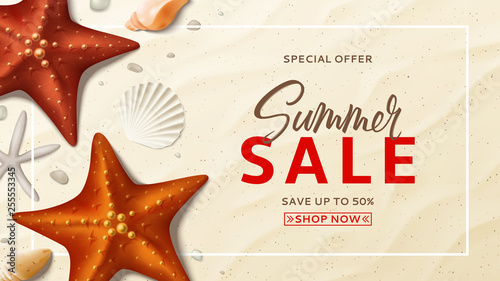 Summer sale vector background. Summer banner with top view on realistic seashells and starfishes on sea beach. Vector illustration with special discount offer.