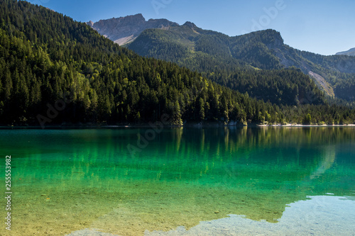 Beautiful view of Lake Tovel, the largest of all natural lakes in Trentino in the Adamello Brenta Park.