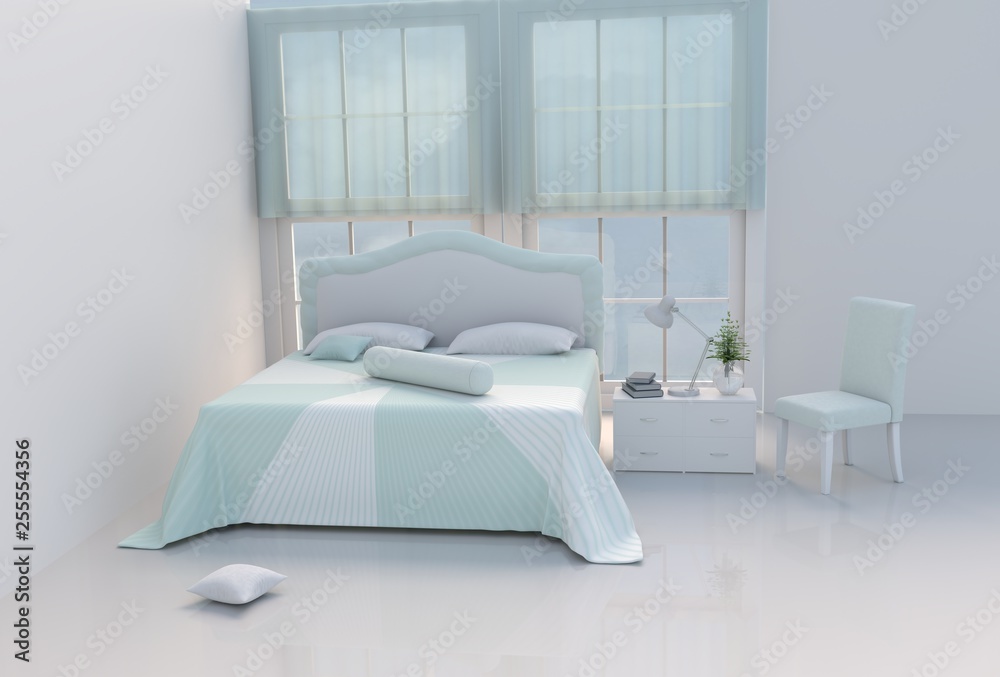 Φωτογραφία Green bed room decorated with tree in glass vase, pillows, white blanket, Window, Sky, Lamp,White wall it is pattern,chair, The sun shines through the window into the shadows,White floor