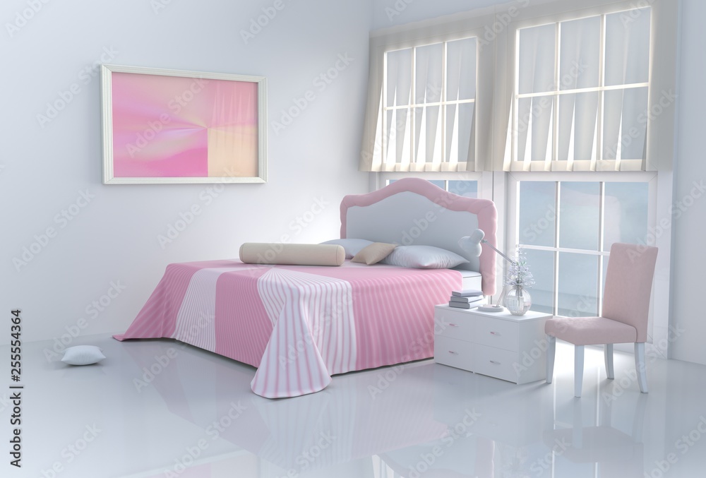 Φωτογραφία Pink bed room decorated with tree in glass vase, pillows, white blanket, Window, Sky, Lamp,White wall it is pattern,chair, The sun shines through the window into the shadows,White floor