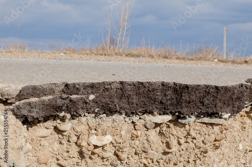 Cross section of asphalt road with blue sky background