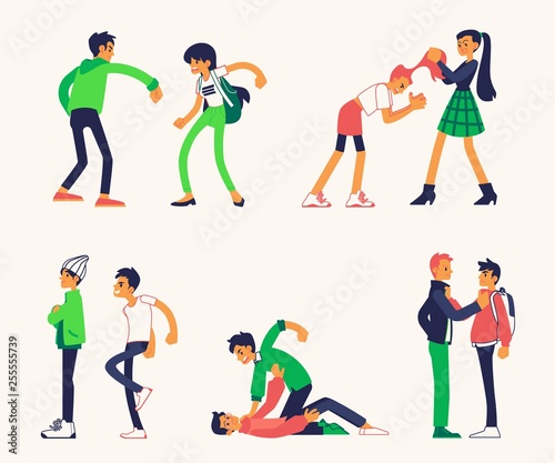 Vector teen man and woman fight punching