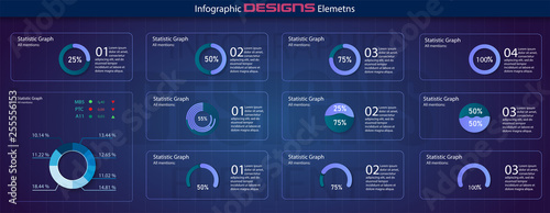 Modern set of circle percentage diagrams. Infographic diagram vector interface. Minimalistic infographic template with flat design daily statistics graphs. diagrams, statistics graphs. Vector
