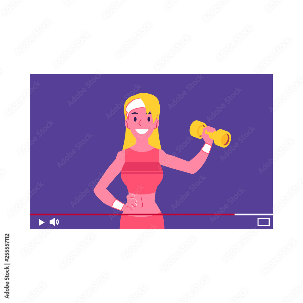 Vector cute girl fitness blogger with dumbbell