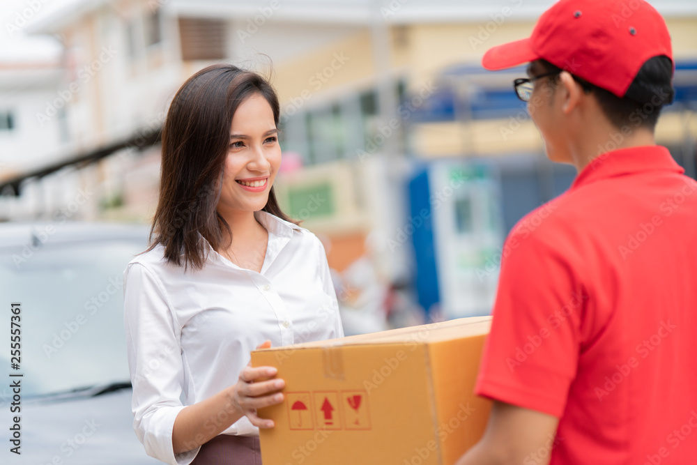Business woman Get the box. From home delivery Business woman Get the box. From home delivery