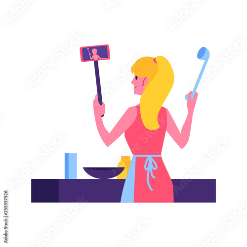 Vector woman in apron cook vlog concept