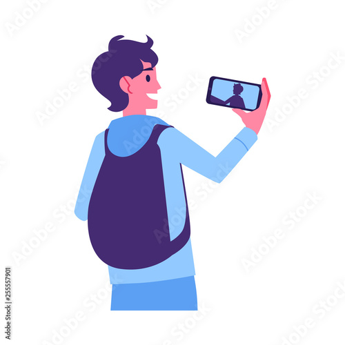 Vector young man making selfie by smarphone