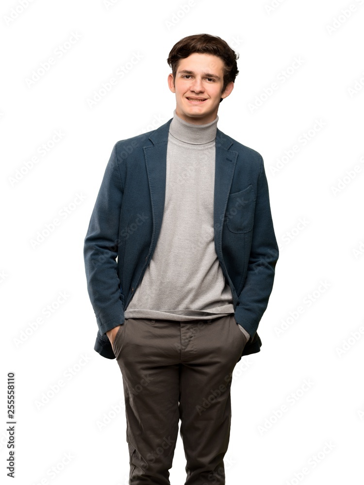 Teenager man with turtleneck laughing looking to the front over isolated white background Teenager man with turtleneck laughing looking to the front over isolated white background