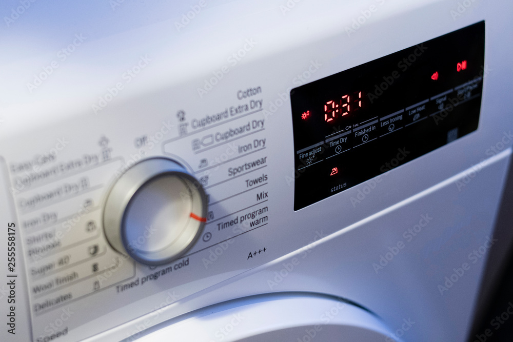 Touch screen display with countdown from clothes dryer and knob. Touch screen display with countdown from clothes dryer and knob.