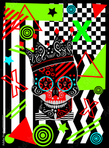 King skull icon with colorful neon pop art zig zag, cubes and stripes background, vector 