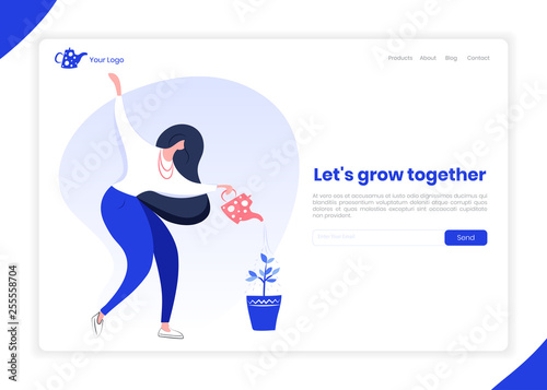 Modern Business Woman Watering Sprout in Pot, Plant or Flower with Watering Can. Business Growth and Investment Concept, Gardening, Farming. Modern Vector UI Design for Website or Web Page Banner.