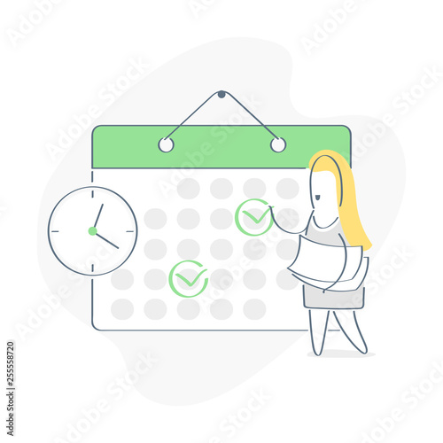 Cartoon Character Make an Online Schedule. Business Graphics Tasks, Planning and Scheduling Operations Agenda on a Week in the Calendar. Outline vector on white background.  