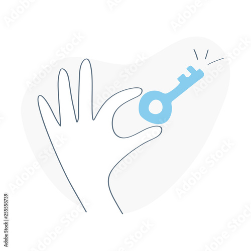 Outline Hand Holding Blue Key. Access, Passkey, Opening, Confidence, Key Idea, Rent, Solution, Unlocking or Secret icon. Clean Outline Vector isolated on White Background