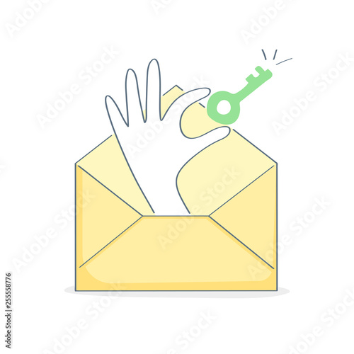 Private email letter, newsletter, mail envelope with hand holding key. Password recovery, secure message, encrypted mailbox, invitation, access, secret info. Flat modern isolated vector illustration