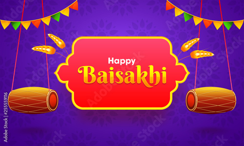 Vector illustration of dhol (drum), wheatland bunting on purple background. Happy Baisakhi header or banner design.