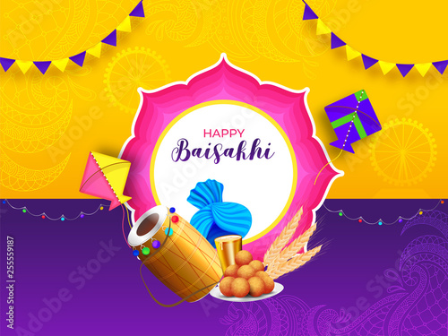 Indian festival celebration background with Happy Baisakhi element and stylish bunting hang on yellow and purple background.