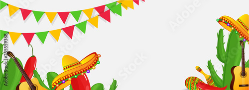 Creative fiesta party header poster or banner design with illustration of guitar, cactus plant and sombrero hat on white background with colorful bunting flag.