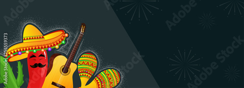Website header or banner design with illustration of Cinco De Mayo celebration  cartoon of red chilli wearing sombrero hat.