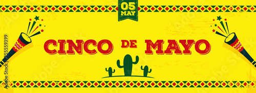 Retro header or banner design for Cinco De Mayo (5 March) celebration. bunting decoration and cactus on yellow background.