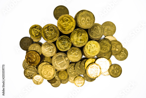 A large pile of Ukrainian coins of 50 and 25 kopecks